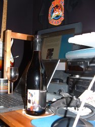 A bottle of Coal Valley Pinot Noir back at Mark's place.  Notice the smugly self-referential nature of the web page in the background.