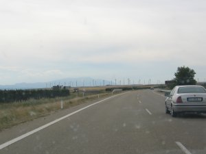 A windfarm in Loloba country (with squashed insects on the windscreen)